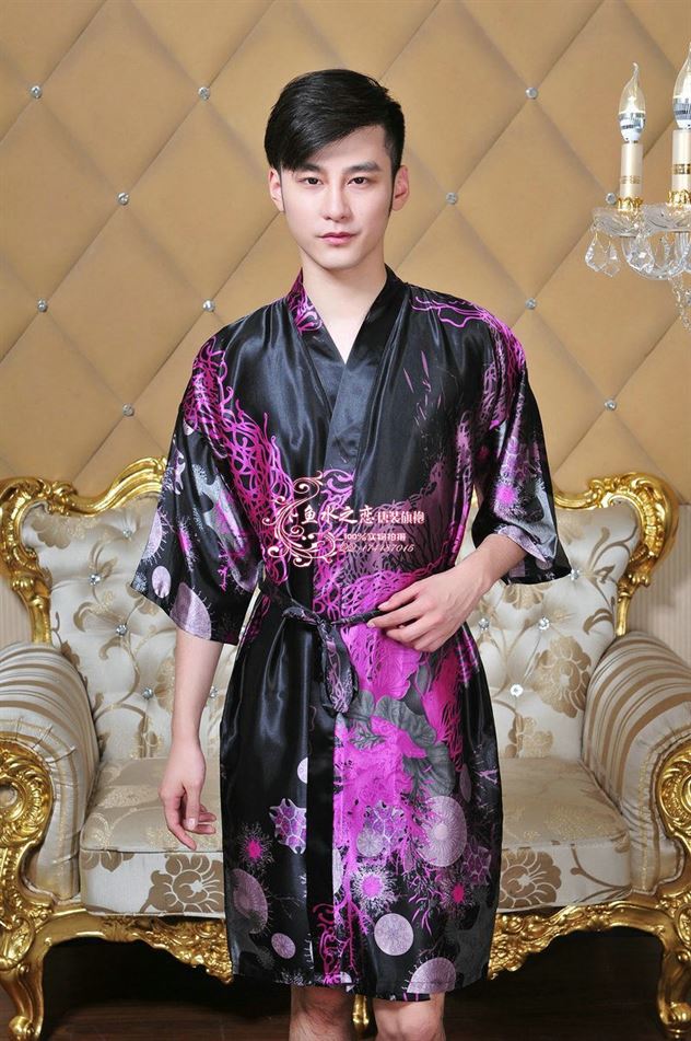 HOT-new-Men-silk-belt-Bathrobe-Chinese-Style-flowers-waves-pattern-Robe-The-Japanese-gradient-kimono