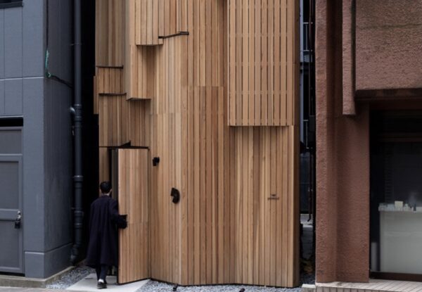 מסעדה קומפקטית מעץ נדחקה במרווח צר בין בתי טוקיו