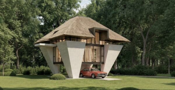 וילה מרחפת: בין מסורת גולמית לצורה גיאומטרית מדויקת